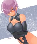  1girl bare_shoulders blush breasts cleavage clothing_cutout crossed_legs elbow_gloves fate/grand_order fate_(series) gloves hair_over_one_eye highres large_breasts leotard light_purple_hair looking_to_the_side mash_kyrielight navel navel_cutout purple_eyes purple_hair short_hair solo yugami_gooshu 