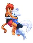  anthro arcticneu blue_eyes bottomwear butt canid canine cheetah clothing duo embrace felid feline fox hair hi_res hoodie hug male mammal multicolored_body orange_body red_eyes shirt shorts spots spotted_body tail tank_top topwear white_body young 