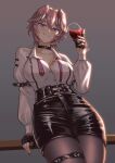  1girl absurdres against_railing alcohol black_choker black_nails black_shorts blue_eyes breasts buttons character_name choker cipher4109 collarbone collared_shirt cup drinking_glass fingerless_gloves gloves grey_background grin hair_between_eyes head_wings heart high-waist_shorts highres hololive large_breasts long_sleeves necktie pantyhose partially_unbuttoned pink_hair pink_necktie railing shirt short_hair shorts smile solo takane_lui takane_lui_(1st_costume) thigh_strap undone_necktie white_shirt wine wine_glass wings 