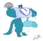  abs anthro arykai_(arykai) big_muscles big_penis big_vein claws dragon facial_hair genitals hi_res horn huge_muscles huge_pecs huge_penis hyper hyper_genitalia hyper_muscles kiuhkobold knot male muscular necktie open_mouth pantsless_anthro penis simple_background solo tail thick_thighs torn_fabric waiter_suit waiter_tray white_background 