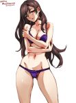  1girl black_hair bra breasts brown_hair cameltoe dangle_earrings earrings english_commentary final_fantasy final_fantasy_vii final_fantasy_vii_remake jewelry large_breasts long_hair mina_cream navel panties parted_lips purple_bra purple_panties red_eyes simple_background solo stomach thighs tifa_lockhart underwear underwear_only wavy_hair white_background 