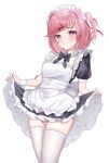  1girl :3 apron black_bow black_bowtie black_dress blush bow bowtie commentary cowboy_shot doki_doki_literature_club dress frilled_apron frills highres looking_at_viewer maid maid_headdress natsuki_(doki_doki_literature_club) one_side_up panties petticoat pink_hair pink_panties puffy_short_sleeves puffy_sleeves purple_eyes short_hair short_sleeves simple_background skirt_hold smile solo standing thighhighs underwear white_apron white_background white_thighhighs wrist_cuffs yami_(rear4742) 