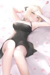  1girl 5pb. armpits bed_sheet black_dress blonde_hair blush breasts cleavage closed_mouth dress falling_petals green_eyes hand_on_own_forehead jewelry kagamigawa_noelle knees_up looking_at_viewer lying memories_off memories_off_innocent_fille mujinbensin petals ring sheet_grab solo 