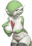  absurd_res big_breasts breasts chest_spike clothing female front_view gardevoir generation_3_pokemon green_body grey_clothing grey_legwear grey_panties grey_underwear hi_res humanoid legwear looking_at_viewer mouth_closed narrowed_eyes navel nintendo panties pokemon pokemon_(species) portrait red_eyes shermugi simple_background solo spikes spikes_(anatomy) standing three-quarter_portrait underwear white_background white_body 