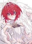  1girl ange_katrina angel_wings bare_shoulders blue_eyes chinese_commentary dress frilled_shirt_collar frills hair_between_eyes hair_intakes halo hand_on_own_chest highres huli_iii123 looking_at_viewer nijisanji red_hair short_hair smile solo virtual_youtuber white_dress wide_sleeves wings 
