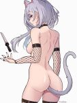  1girl absurdres animal_ears ass blue_eyes breasts cat_ears choker coubalty dagger fishnet_sleeves fishnet_thighhighs fishnets grey_hair highres hololive hololive_indonesia knife long_hair looking_at_viewer looking_back nude sideboob solo tail thighhighs thighs vestia_zeta virtual_youtuber weapon 