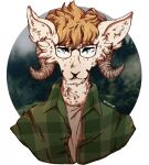  anthro blue_eyes brown_horn bust_portrait clothing eyewear front_view fur glasses green_clothing green_topwear hair hi_res horn light_body light_fur lionfloof looking_at_viewer male mouth_closed orange_hair portrait short_hair solo tan_body tan_fur topwear wearing_glasses 