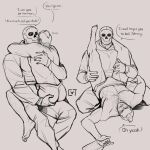  2boys absurdres alcohol bara bottle bulge call_of_duty call_of_duty:_modern_warfare_2 chest_hair couple drunk english_text facial_hair ghost_(modern_warfare_2) greyscale highres hood hood_down hoodie hug large_pectorals legs_up looking_at_another lying male_focus male_underwear mask monochrome multiple_boys muscular muscular_male nipples on_back pants pectorals short_hair sitting sitting_on_person skull_mask soap_(modern_warfare_2) sundaycat3 thighs topless_male underwear yaoi 