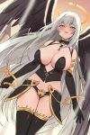  1girl armor bare_shoulders black_choker black_gloves black_panties black_thighhighs breasts choker cleavage corset dutch_angle elbow_gloves faulds feathered_wings gloves gold_trim halo highres key large_breasts lock long_hair looking_at_viewer multiple_wings open_mouth original padlock panties revealing_clothes smile solo thighhighs thighs twin_(tt_lsh) underwear very_long_hair white_hair wings yellow_eyes zipper 