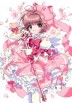  1girl absurdres bow brown_hair cardcaptor_sakura cherry_blossoms collar dress falling_petals frilled_collar frilled_dress frilled_gloves frills fuuin_no_tsue gloves green_eyes highres holding holding_wand kero kinomoto_sakura kisumi_rei layered_dress looking_at_viewer magical_girl petals pink_dress pink_headwear puffy_short_sleeves puffy_sleeves short_sleeves smile wand white_background white_gloves white_wings wings 