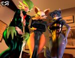  3d_(artwork) absurd_res anthro bat bent_legs big_breasts bite biting_lip biting_own_lip blue_body blue_fur blue_hair breasts canid canine canis cleavage cleavage_cutout clothed clothing digital_media_(artwork) dress female fox fur gardevoir generation_3_pokemon green_body green_hair group hair hand_on_breast hands_on_legs hands_on_thighs hi_res humanoid krystal latex latex_clothing latex_dress looking_at_viewer mammal meme meme_clothing nintendo not_furry pokemon pokemon_(species) psikokinetic red_eyes rouge_the_bat sega self_bite short_hair smile sonic_the_hedgehog_(series) source_filmmaker star_fox string_jumpsuit tail topwear trio warfare_machine white_body white_fur white_hair 