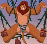  4_toes absurd_res anthro armpit_hair bedroom_eyes body_hair bottomwear clothing disney ethancostas feet felid front_view full-length_portrait hi_res lion loincloth loincloth_only looking_at_viewer male mammal mane narrowed_eyes nipples pantherine pawpads paws plant portrait red_mane seductive simba_(the_lion_king) smile smiling_at_viewer smirk smirking_at_viewer solo spread_arms spread_legs spreading suggestive suspended_in_midair suspension tail the_lion_king toes vines 