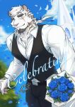  1boy alternate_hairstyle animal_ears arknights bara birthday black_tank_top blue_flower bouquet collared_shirt facial_hair feet_out_of_frame flower furry furry_male goatee highres holding holding_bouquet large_pectorals long_hair looking_at_viewer male_focus mountain_(arknights) muscular muscular_male official_alternate_costume pectorals ponytail scar scar_across_eye shibataakiraa shirt smile solo tank_top thick_eyebrows tiger_boy tiger_ears vest white_fur white_hair 