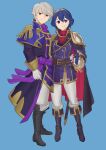  1boy 1girl alternate_costume armor belt belt_buckle black_cape black_footwear blue_background blue_eyes blue_hair boots brown_belt brown_eyes buckle cape capelet closed_mouth commentary ebinku english_commentary fire_emblem fire_emblem_awakening fire_emblem_heroes full_body gloves grin hair_between_eyes hand_on_another&#039;s_hip highres long_sleeves looking_at_viewer lucina_(fire_emblem) pants pauldrons purple_capelet red_cape robin_(fire_emblem) robin_(male)_(fire_emblem) sheath sheathed short_hair shoulder_armor simple_background single_pauldron smile sword teeth tiara two-tone_cape weapon white_gloves white_hair white_pants 