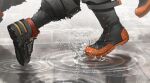 2boys ankle_boots bakugou_katsuki black_footwear blurry boku_no_hero_academia boots colored_shoe_soles combat_boots commentary depth_of_field feet foot_focus highres lower_body male_focus midoriya_izuku multiple_boys out_of_frame outdoors rain reflection reflective_water ripples shoe_soles soft_focus splashing spoilers twitter_username water water_drop wet yorha_2b2e 