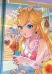  1girl beach bikini bird blonde_hair blue_eyes breasts cleavage drink drinking drinking_straw earrings eyewear_on_head flower flower_necklace food fruit glasses hair_flower hair_ornament hibiscus highres holding holding_drink jewelry kurere1202 lei lemon lemon_slice lips long_hair looking_at_viewer mario_(series) mario_kart mario_kart_tour medium_breasts ocean official_alternate_costume outdoors princess_peach princess_peach_(swimwear) red_flower rocket_flower_(mario) sand snail sphere_earrings sunlight super_mario_odyssey swimsuit table tropical_drink water white_flower yellow_flower 