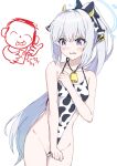  1girl animal_ears animal_print arona&#039;s_sensei_doodle_(blue_archive) bell blue_archive blue_halo blush breasts cow_ears cow_horns cow_print ear_tag embarrassed fake_animal_ears halo highleg highleg_swimsuit highres horns ishikane_aoi long_hair miyako_(blue_archive) neck_bell one-piece_swimsuit purple_eyes sensei_(blue_archive) small_breasts solo swimsuit taking_picture white_background white_hair 