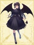  1girl belt black_dress black_footwear black_wings brown_horns chain_paradox charlotte_ami dress full_body green_eyes grey_socks hand_up highres horns kneehighs long_hair long_sleeves looking_at_viewer socks solo tail umekichi_(tw) very_long_hair wings yellow_background 