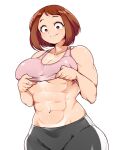  1girl abs boku_no_hero_academia breasts brown_eyes brown_hair cleavage clothes_lift hanzo_(2929) shirt_lift short_hair solo sweat tank_top toned uraraka_ochako white_background 