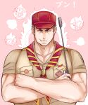  1boy aizen_(housamo) averting_eyes bara baseball_cap black_hair camping cheek_bulge crossed_arms frown hat highres itaru_(kidomh63) large_pectorals long_sideburns looking_to_the_side male_focus mature_male muscular muscular_male official_alternate_costume pectoral_cleavage pectorals pink_background pout short_hair sideburns solo thick_eyebrows tokyo_afterschool_summoners tsundere upper_body wrinkled_skin 