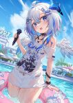 1girl :d absurdres amane_kanata amane_kanata_(6th_costume) angel angel_wings blue_hair blue_nails cloud collar colored_inner_hair hair_ornament hairclip highres holding holding_microphone hololive innertube juu_p microphone multicolored_hair nail_polish off_shoulder open_mouth pink_hair print_shirt purple_eyes shirt short_hair_with_long_locks smile solo streaked_hair thighs virtual_youtuber water wet wet_clothes wet_shirt wings x_hair_ornament 
