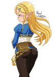  1girl ass ass_focus back belt black_leggings blonde_hair blue_shirt blush braid brown_belt english_commentary green_eyes hair_ornament highres leggings long_hair nanaeljustice princess_zelda shirt the_legend_of_zelda the_legend_of_zelda:_breath_of_the_wild 