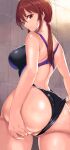 1girl ashita_(2010) ass ass_grab bare_shoulders blush breasts brown_eyes brown_hair highres idolmaster idolmaster_cinderella_girls large_breasts long_hair looking_back mifune_miyu one-piece_swimsuit partially_visible_vulva ponytail pussy pussy_peek sidelocks solo swimsuit thick_thighs thighs 