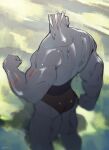  2023 abs absurd_res anthro back_muscles biceps big_butt biped butt clothed clothing digital_media_(artwork) generation_1_pokemon glistening glistening_body glistening_skin grey_body grey_skin hi_res machoke male muscular muscular_anthro muscular_thighs nintendo outside partially_submerged pecs pokemon pokemon_(species) pokemorph pose solo topless water wet zfou 