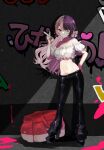  1girl ;) bare_shoulders black_footwear black_pants bow breasts brown_hair commentary_request crop_top full_body graffiti hair_bow hand_up high_heels highres holding hoshino-san looking_at_viewer medium_breasts midriff multicolored_hair navel off-shoulder_shirt off_shoulder one_eye_closed pants pink_bow pink_hair puffy_short_sleeves puffy_sleeves shirt short_sleeves smile solo standing stomach tachibana_hinano_(vtuber) two-tone_hair vspo! white_shirt 