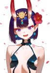  1girl blush bob_cut breasts collarbone earrings fang fate/grand_order fate_(series) flower hair_flower hair_ornament highres horns jewelry lividy looking_at_viewer oni oni_horns open_mouth petals purple_eyes purple_hair red_flower short_hair shuten_douji_(fate) simple_background small_breasts smile solo upper_body white_background 