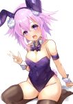  1girl absurdres animal_ears arm_strap bimmy black_thighhighs blush bow bowtie braid breasts cleavage d-pad d-pad_hair_ornament fake_animal_ears hair_between_eyes hair_ornament highres leotard long_hair looking_at_viewer medium_breasts neptune_(neptune_series) neptune_(series) no_shoes open_mouth pink_eyes pink_hair playboy_bunny purple_bow purple_bowtie rabbit_ears sidelocks sitting skindentation smile solo thighhighs twin_braids wrist_cuffs 