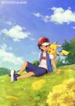  1boy :d absurdres arm_support ash_ketchum backpack backpack_removed bag black_hair blue_jacket cloud commentary_request dated day flower grass green_bag hat highres jacket knees male_focus on_shoulder open_mouth outdoors pikachu pokemon pokemon_(anime) pokemon_(creature) pokemon_journeys pokemon_on_shoulder red_headwear shirt shoes short_hair short_sleeves shorts sitting sky sleeveless sleeveless_jacket smile t-shirt teeth upper_teeth_only white_shirt yellow_flower yoi_(207342) 
