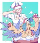  1boy :d absurdres archeops bathing blue_necktie border bubble claws closed_eyes collared_shirt commentary dress_shirt emmet_(pokemon) green_background grey_hair hands_up hat highres long_sideburns male_focus necktie open_mouth peaked_cap pokemon pokemon_(creature) pokemon_(game) pokemon_bw rei_(esprei96) shirt short_hair sideburns smile white_border white_headwear white_shirt 
