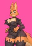  anthro big_breasts black_clothing bottomwear breasts canid canine choker cleavage clothed clothing diane_foxington dreamworks dress_shirt eyebrow_piercing facial_piercing female fox fully_clothed garter_straps hi_res hotpants inner_ear_fluff jewelry legwear mammal necklace piercing pink_background pulred shirt shorts simple_background smile solo stockings the_bad_guys thick_thighs thigh_highs topwear tuft 