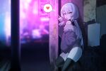  1boy against_glass black_thighhighs braid fellatio_gesture fur-trimmed_jacket fur_trim grey_hair grey_shorts grey_thighhighs hair_between_eyes hand_in_pocket heart highres in_(ain) jacket long_hair long_sleeves looking_at_viewer male_focus neon_lights orange_eyes otoko_no_ko short_shorts shorts side_braid solo spoken_heart thighhighs tongkkangi tongkkangi_(streamer) tongue tongue_out 