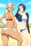  2girls alternate_costume ass asymmetrical_hair beach bikini blonde_hair blue_eyes blue_sky breasts catherine_(fire_emblem) closed_mouth commission dark-skinned_female dark_skin fire_emblem fire_emblem:_three_houses hair_tie hand_on_own_hip highres large_breasts lindaroze long_hair long_sleeves looking_at_viewer looking_back mature_female multiple_girls navel open_mouth ponytail purple_eyes shamir_nevrand short_hair sky swimsuit thighs water white_bikini 
