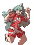  1girl :d absurdres clenched_hands cloud_print collared_shirt commentary curly_hair eddybird55555 english_commentary fangs green_eyes green_hair highres horns komainu komano_aunn long_hair long_sleeves looking_at_viewer open_mouth red_shirt ringed_eyes sandals shirt short_sleeves simple_background single_horn smile solo touhou white_background white_shirt 