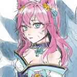  1girl ahri_(league_of_legends) animal_ears bare_shoulders breasts cleavage closed_mouth ear_bell facial_mark fox_ears fox_tail green_eyes green_ribbon highres japanese_clothes kimono league_of_legends long_hair looking_at_viewer medium_breasts neck_ribbon pink_hair ribbon solo spirit_blossom_ahri tail upper_body whisker_markings white_kimono yodeulsong_(yordlethd) 