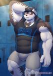  abs anthro armpit_hair barazoku baseball_cap biceps body_hair bottomwear bulge canid canine canis chest_tuft clothed clothing detailed detailed_background digital_media_(artwork) ears_through_headwear fur hand_behind_head hat headgear headwear hi_res horkeu_kamui_(tas) lifewonders locker_room male mammal muscular muscular_anthro muscular_male patreon pecs primodrago solo tight_bottomwear tight_clothing tight_fit tight_topwear tokyo_afterschool_summoners topwear tuft white_body white_fur wolf 