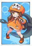  1girl anchor bike_shorts black_gloves blush brown_hair cabbie_hat fingerless_gloves gloves guilty_gear guilty_gear_strive hat hat_ornament highres holding holding_anchor hood hoodie long_hair long_sleeves looking_at_viewer may_(guilty_gear) orange_footwear orange_headwear orange_hoodie rgurei0529 skull_and_crossbones skull_hat_ornament smile 
