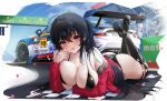  1girl ahoge ass azur_lane bikini black_bikini black_hair blue_sky blush boots breasts car cloud confetti day elbow_rest fence full_body high_heel_boots high_heels highres jacket large_breasts looking_at_viewer lukas_reule lying manjuu_(azur_lane) motor_vehicle off_shoulder on_stomach outdoors parted_lips porsche_911 race_queen race_vehicle racecar red_eyes red_jacket sky solo stadium swimsuit taihou_(azur_lane) taihou_(enraptured_companion)_(azur_lane) the_pose thigh_boots 