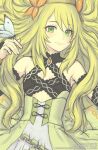  1girl bare_shoulders blonde_hair bug butterfly butterfly_hair_ornament butterfly_on_hand celine_(fire_emblem) crown dress fire_emblem fire_emblem_engage gofelem green_dress green_eyes hair_between_eyes hair_ornament long_hair looking_at_viewer smile solo unfinished upper_body very_long_hair 