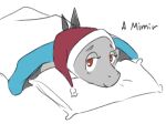  anthro back_spikes bed_covers bedding colored dinosaur erin_(snoot_game) female lidded_eyes looking_at_viewer night_cap orange_bongo pillow red_eyes reptile scalie simple_background smile snoot_game snout solo spikes spikes_(anatomy) text under_covers 