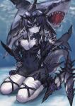  1girl absurdres black_eyes fins fish_tail hand_on_hip highres kneeling looking_at_viewer original pale_skin sabamisob scar scar_across_eye shark shark_girl shark_tail solo tail underwater 