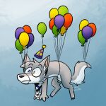  1:1 3_toes amiraallis balloon bandanna black_claws black_nose black_pawpads blue_background canid canine canis claws clothing eyebrows feet feral flying fur grey_body grey_fur hat headgear headwear heterochromia hi_res inflatable inner_ear_fluff kerchief male mammal party_hat pawpads simple_background solo tail toes tuft white_inner_ear_fluff wolf 