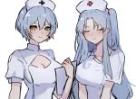  2girls angela_(project_moon) blue_hair blush breasts cleavage_cutout closed_eyes closed_mouth clothing_cutout dress hat highres holding holding_notepad large_breasts library_of_ruina lobotomy_corporation long_hair moth_ram multiple_girls notepad nurse_cap one_side_up project_moon puffy_short_sleeves puffy_sleeves short_hair short_sleeves simple_background smile upper_body very_long_hair white_background white_dress 