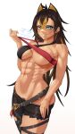  1girl abs asymmetrical_clothes bare_arms bare_shoulders belt black_belt black_hair blonde_hair blue_eyes blush breasts cleavage clothes_pull collarbone criss-cross_halter crossed_belts dark-skinned_female dark_skin dehya_(genshin_impact) fanbox_username female_pubic_hair genshin_impact hair_between_eyes hair_ears hair_intakes halterneck highres large_breasts long_hair looking_at_viewer matsumaramara multicolored_hair multiple_thigh_straps muscular muscular_female nail_polish navel obliques pants pixiv_id pubic_hair pulled_by_self red_nails smile solo stomach streaked_hair sweat thigh_strap thighs torn_clothes torn_pants twitter_username two-tone_hair underboob vision_(genshin_impact) white_background yellow_pupils 