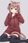  1girl :d animal_ear_fluff animal_ears anz32 black_thighhighs brown_hair brown_hoodie cat_ears cat_girl cat_tail drawstring grey_background hair_between_eyes hair_ornament hairclip hands_up hood hood_down hoodie long_hair long_sleeves looking_at_viewer no_shoes one_side_up original pinching_sleeves puffy_long_sleeves puffy_sleeves red_eyes simple_background sitting sleeves_past_wrists smile solo tail thighhighs twitter_username yokozuwari 