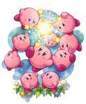  :d :o arms_up blue_eyes blue_flower blurry blurry_background blush blush_stickers closed_mouth commentary_request flower kirby kirby_(series) kirby_mass_attack kotori_(lycka) looking_up multiple_persona no_humans open_mouth plant simple_background smile star_(symbol) upside-down white_background white_flower yellow_flower 