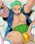  1boy alternate_body_hair bara bare_pectorals bulge chest_hair feet_out_of_frame from_above green_hair large_pectorals leg_hair long_sideburns male_focus muscular muscular_male nipples one_eye_closed one_piece open_clothes open_shirt outstretched_arms pectorals roronoa_zoro short_hair sideburns solo spread_legs thick_thighs thighs toraboi 